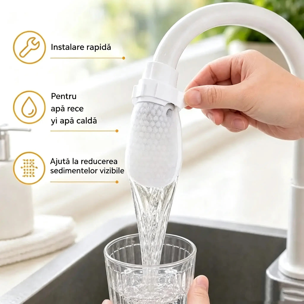 150 filtre + 30 benzi velcro ✨ Filtru anti-stropire pentru robinetul din bucătărie | Filtrează sedimente, rugină și impurități în câteva secunde 💧