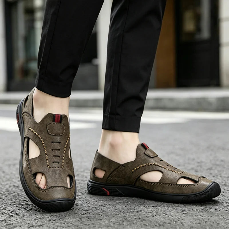 Sandale de Vară din Piele Naturală pentru Bărbați - Pantofi Casual Decupați și Respirabili, Stil Britanic Oxford, Talpă Moale și Flexibilă pentru Șofat și Mers