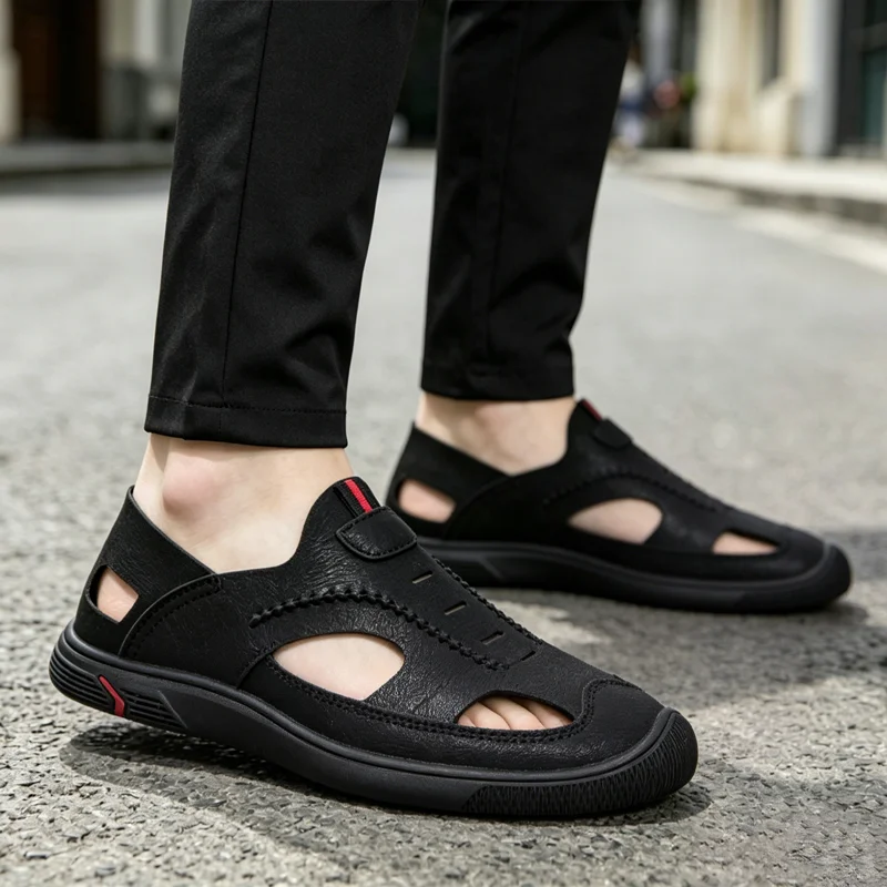 Sandale de Vară din Piele Naturală pentru Bărbați - Pantofi Casual Decupați și Respirabili, Stil Britanic Oxford, Talpă Moale și Flexibilă pentru Șofat și Mers