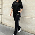 Trening de Vară Dama din 2 Piese, Tricou Lejer cu Bandă Contrastantă și Pantaloni Lungi Sport, Material Fin, Respirabil și Răcoros