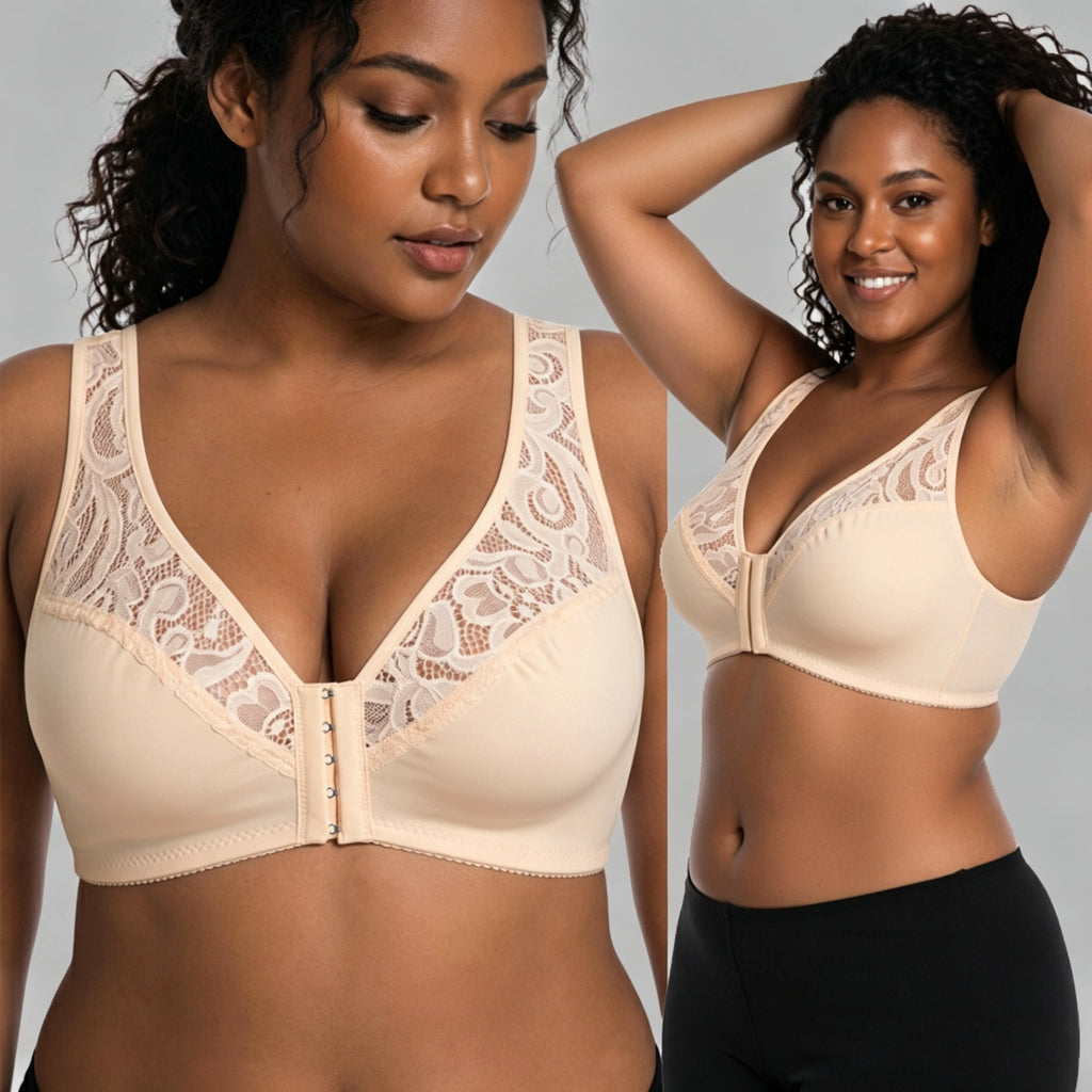 💖 【Set 3 piese】 【L–4XL】 😍 Sutien push-up mărimi mari – dantelă elegantă, efect push-up și detalii decupate, închidere frontală