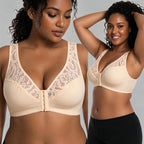 💖 【Set 3 piese】 【L–4XL】 😍 Sutien push-up mărimi mari – dantelă elegantă, efect push-up și detalii decupate, închidere frontală