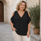 Tricou Elegant în Stil Francez cu Umeri Goi și Decolteu în V – Croială care Ascunde Imperfecțiunile și Evidențiază Silueta