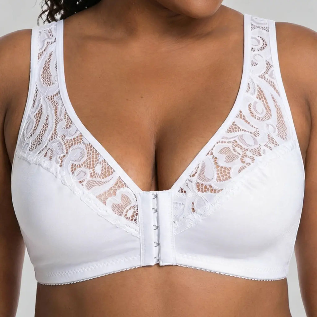 💖 【Set 3 piese】 【L–4XL】 😍 Sutien push-up mărimi mari – dantelă elegantă, efect push-up și detalii decupate, închidere frontală