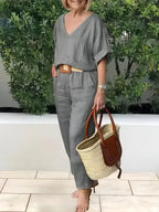 Compleu Damă Elegant din In și Bumbac: Bluză Lejeră în V și Pantaloni Lungi, Material Moale, Respirabil și Răcoros