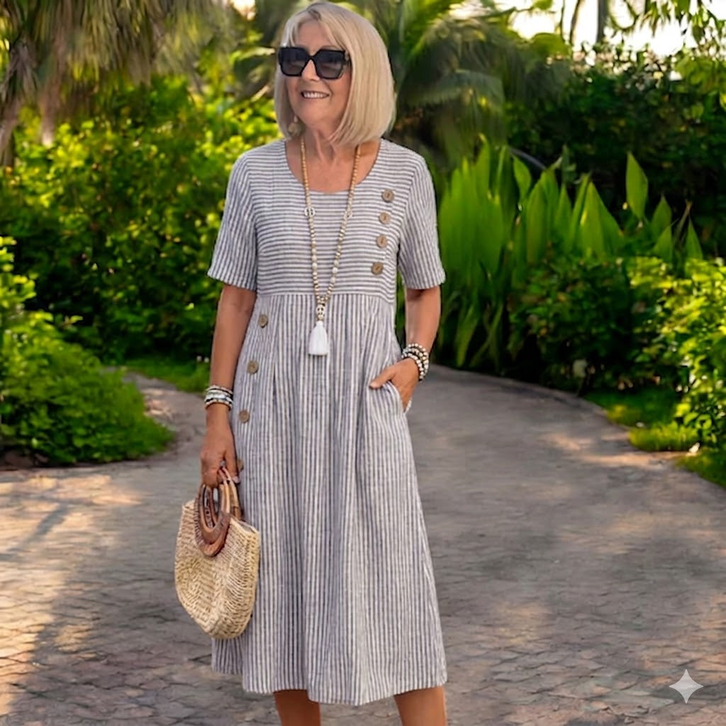 👗🏕️【S-2XL】Rochie midi cu dungi, ușoară și vaporoasă