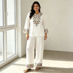 Costum de Vară din In Dama de 2 Piese, Bluza Lejeră cu Imprimeu Floral și Pantaloni Largi, Material Moale, Respirabil și Prietenos cu Pielea