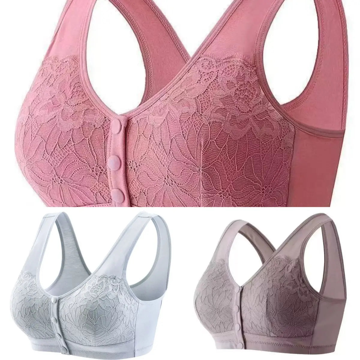 😍【Pachet de 3】Sutien de damă din dantelă fără sârmă, cataramă confortabilă în față 😍【40-100kg】