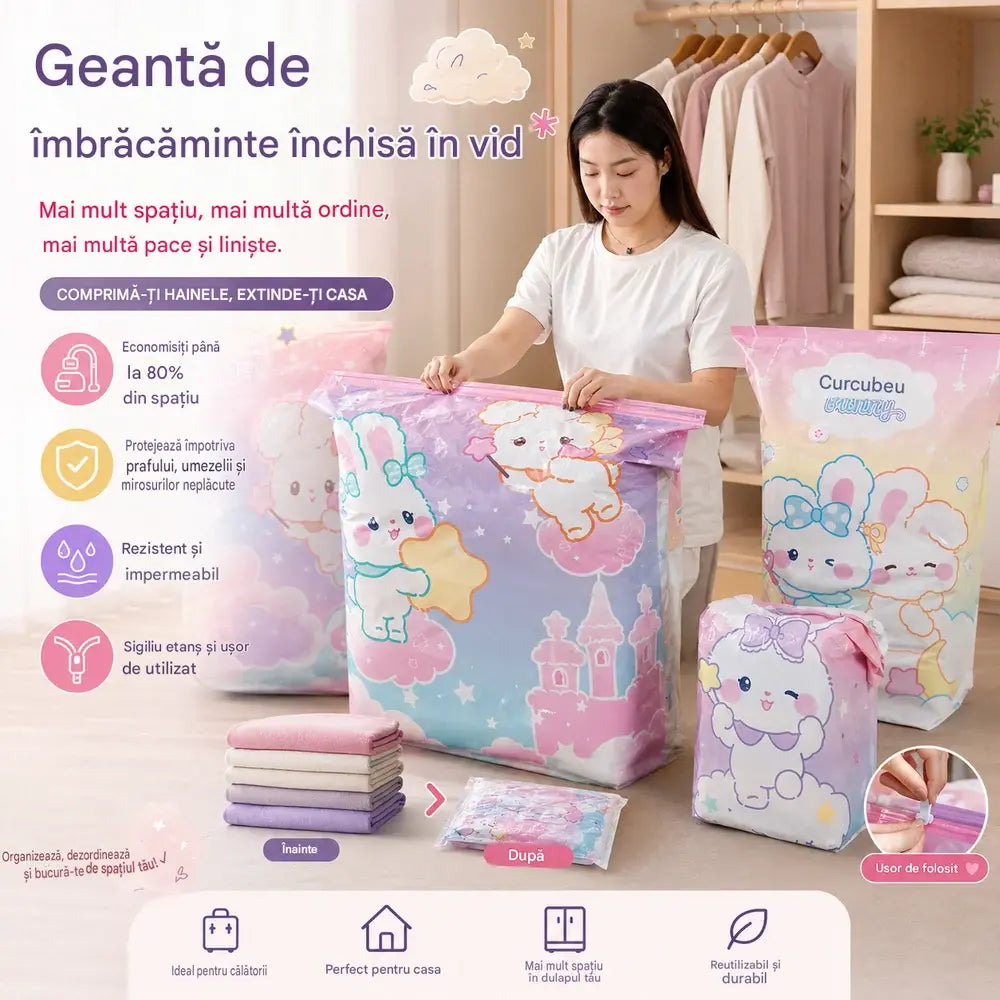 🧳【Set de 5 piese】💨 Sac mare de depozitare cu vid, compresibil: nu necesită pompă, este rezistent la scurgeri și ideal pentru economisirea spațiului în bagaje și acasă ✈️