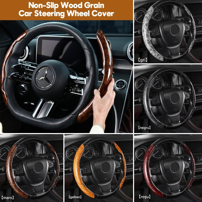 【Set 3 bucăți】 Husă volan 3D cu efect textură lemn de piersic – accesorii interior auto universale