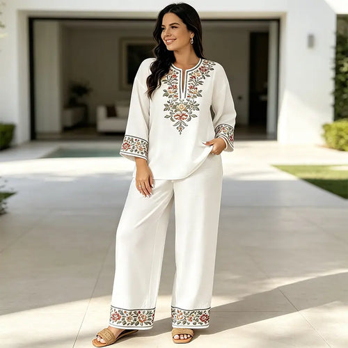 Costum de Vară din In Dama de 2 Piese, Bluza Lejeră cu Imprimeu Floral și Pantaloni Largi, Material Moale, Respirabil și Prietenos cu Pielea