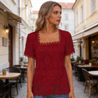 👚Bluză cu mânecă scurtă, decolteu pătrat și dantelă decupată în stil francez
