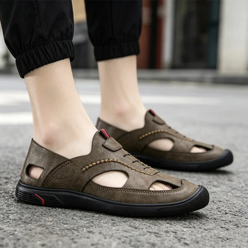 Sandale de Vară din Piele Naturală pentru Bărbați - Pantofi Casual Decupați și Respirabili, Stil Britanic Oxford, Talpă Moale și Flexibilă pentru Șofat și Mers