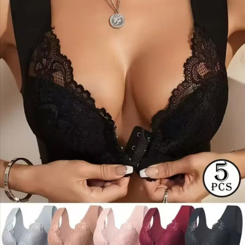 【Vânzare directă de la fabrică, doar astăzi】【Set de 5 bucăți】【40-100 kg】Sutien cu efect de ridicare a sânilor, cu spate decupat din dantelă, mărimi mari, cu design decupat pentru ridicarea sânilor, cu închidere în față